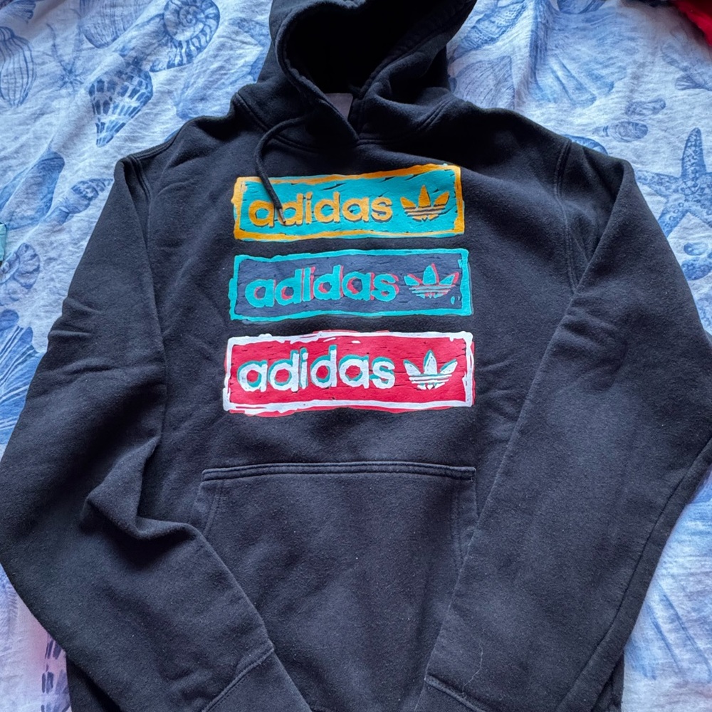 Adidas Black Hoodie with Multicolor Logos